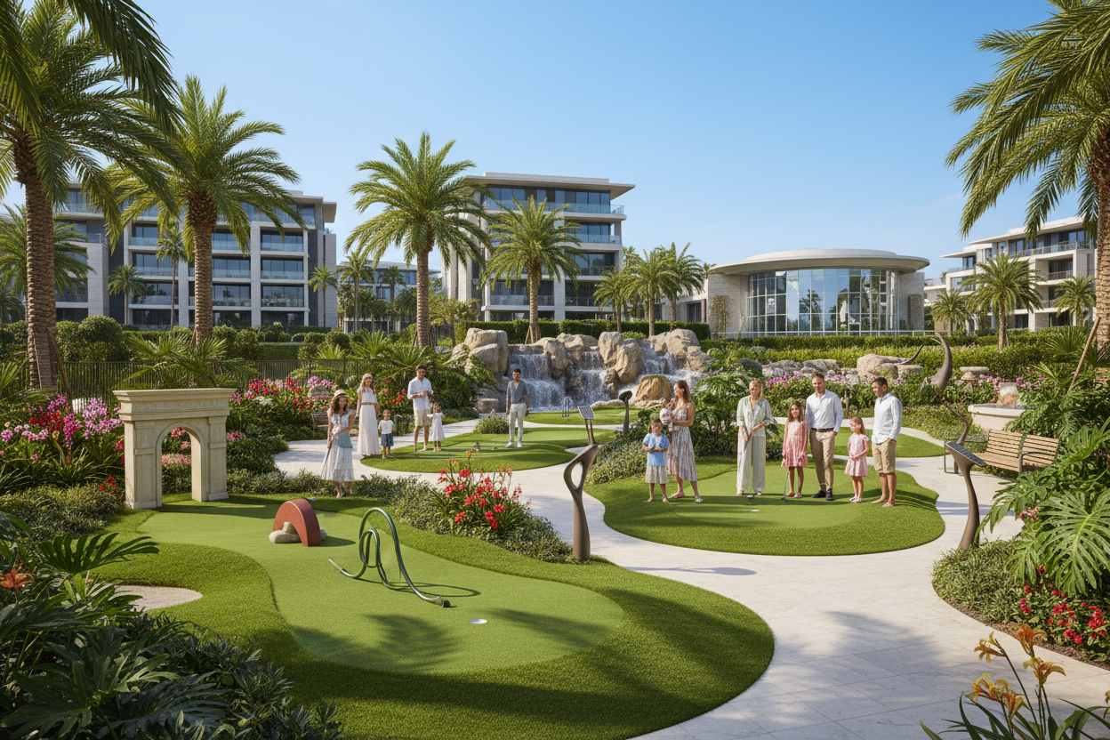 Mini golf court with players in luxury gated community