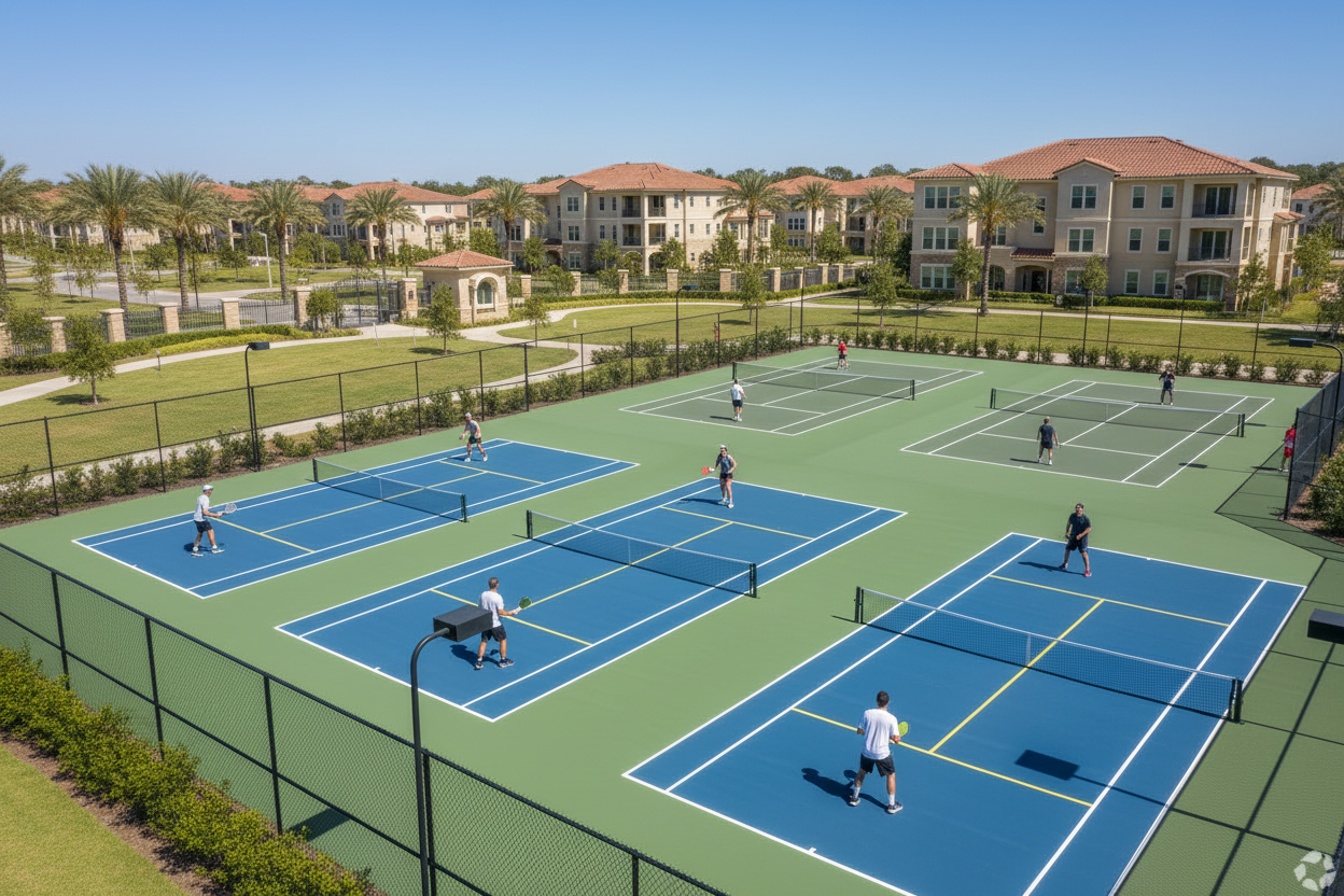 Pickleball and tennis courts with players in a gated community